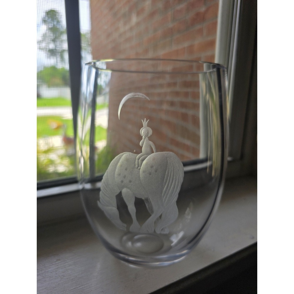 Vicke Lindstrand Kosta Boda Crystal Vase Girl Riding Horse Moon SignedL6234